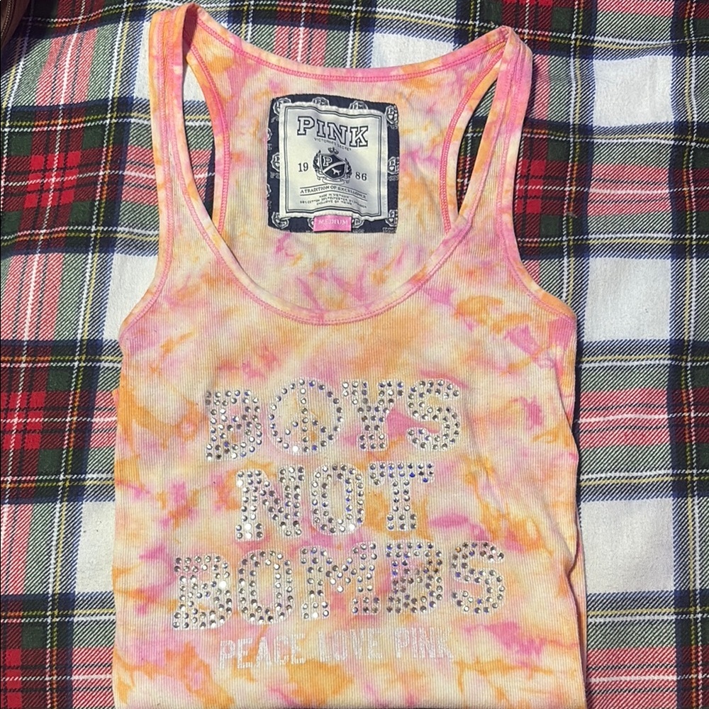 2008 Pink Tie-Dye Tank Top with Rhinestone Design